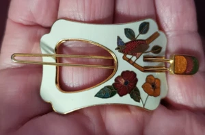 Cloisonne Asian Style Barrette Hair Clip Bird Flowers 1970s - Picture 1 of 3