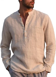 Mens Casual Cotton Shirt Long Sleeve Band Collar Henley Shirt Tops - Picture 1 of 12