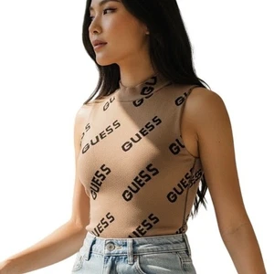 GUESS brauner ärmelloser Body mit Allover-Logo und Stehkragen Damen Größe L - Bild 1 von 8