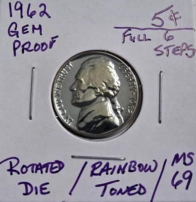 Stunning 1962 Toned Proof Rotated Die Six Full Steps Jefferson Nickel  - Image 1 of 4