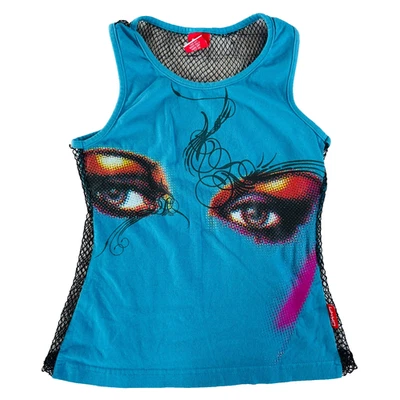 Y2K vtg OK47 Blue Rainbow COLOR HALFTONE Eye Graphic Print FISHNET Tank Top M - Image 1 of 4