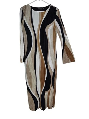 Dress Forum Black Brown Pleated Satin Maxi Shift Dress W Long Sleeve M NWOT - Image 1 of 4