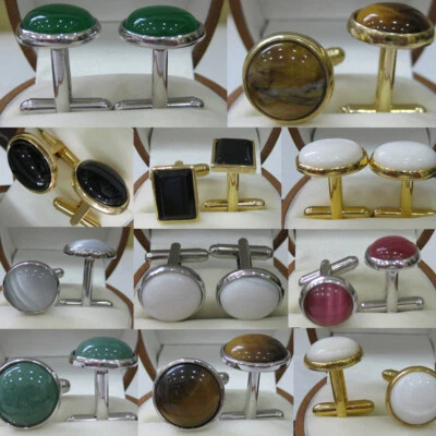 Men Cufflink Round Square Natural Jade Shell Agate T-Shirt Clip Cuff Links Gifts - Image 1 of 4