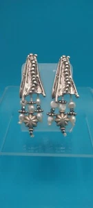 Vintage Sterling Silver Hand-Knotted Cultured Freshwater Pearl Dangle Earrings - Picture 1 of 5
