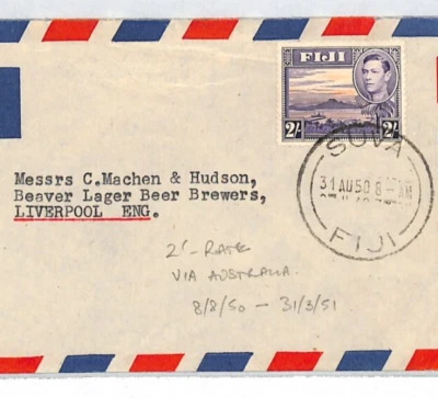 FIJI KGVI Cover 2s Rate Air Mail 1950 Liverpool Via Australia {samwells}XC361 - Image 1 of 4