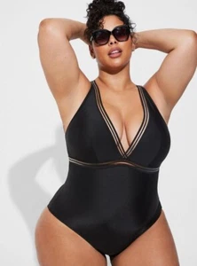 Torrid Shadow Streifen Einsatz bügellos Einteiler Badeanzug V-Ausschnitt schwarz Größe 0 L 12 - Bild 1 von 8