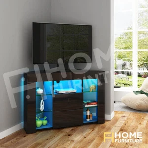 Corner TV Stand Black High Gloss & Matt Modern TV Unit Cabinet w/RGB LED Lights - Picture 1 of 9
