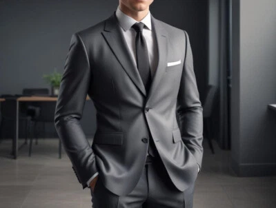 Men's Charcoal Gray 3 Piece Suit Slim FIt One Button Office Business 3pc Set - Image 1 of 4