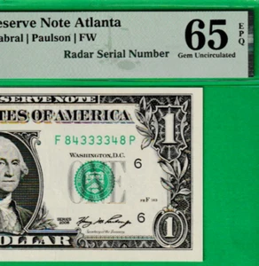 2006 $1 Federal Reserve note RADAR Serial Number 84 3333-48 Fr. 1933-F PMG 65 - Picture 1 of 3
