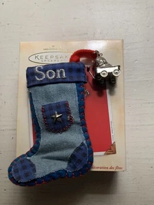 Hallmark Keepsake Ornament 2002 Son Blue Stocking Fabric & Metal Dog Charm - Picture 1 of 5