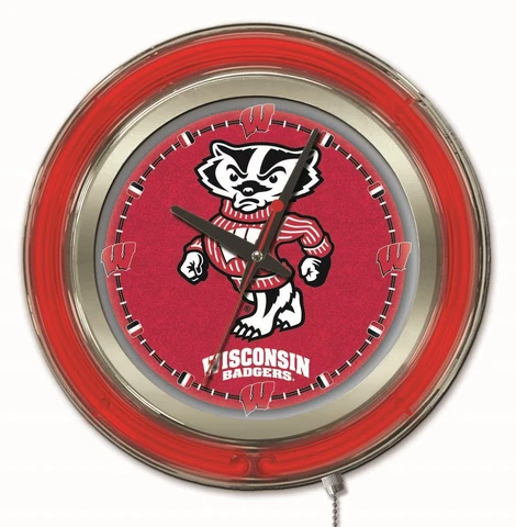 Wisconsin Badgers HBS Neon Red Badger College Battery Powered Wall Clock (15") Cover