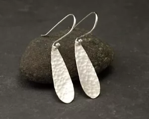Solid Women Earrings Hammered Long Drop Earrings 925 Sterling Silver Earrings - Picture 1 of 3
