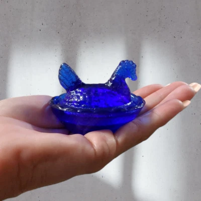 Vintage Cobalt Blue Glass Depression Style Hen on Nest Chicken Salt Cellar Dish - Image 1 of 4