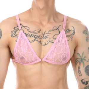 Sexy Men's Bras See-through Lace Lingerie Breathable Adjustable Straps Brassiere - Picture 1 of 16