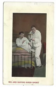 Postcard We Are Having Good Sport Me One Man Sitting on Bed One Man Standing - Picture 1 of 2