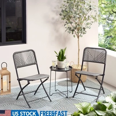 3-Piece Folding Outdoor Bistro Set Steel Wicker Portable Patio Furniture New - Image 1 of 4