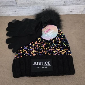 Justice Girls Black Faux Fur Pom Pom Sherpa Beanie Hat/Gloves Set NEW - Picture 1 of 6