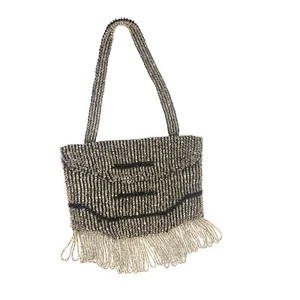 Vintage Fringed Black Beaded Evening Bag with Brocade Lining Art Deco - Picture 1 of 8