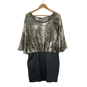 Black Halo Women’s Size 12 Large Grey Metallic Lace Blouson Top Dress Pockets - Picture 1 of 12