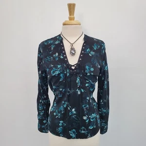 Rock & Republic Lace Up Neckline Floral Blouse Womens Size M Black Teal Roll Tab - Picture 1 of 14