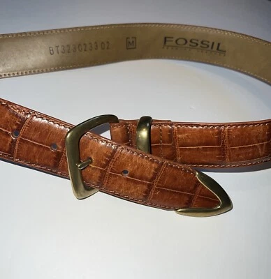 Fossil Sz Medium Brown Belt Embossed Croc Print Leather Brass Buckle — 第 1/4 张图片