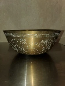 ANTIQUE / VINTAGE CHINESE TEMPLE BRASS BOWL W/ ENGRAVING ETCHING, SYMBOLS - Picture 1 of 10
