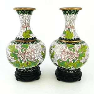 Chinese Cloisonné Vases White Pink Flowers Butterfly w/ Wood Base 6in 2Pc Set - Picture 1 of 8