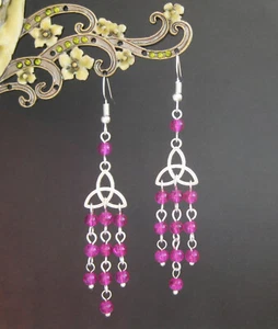 Hot Pink Cerise Beaded Celtic Triquetra Trinity Knot Dangly Chandelier Earrings - Picture 1 of 7