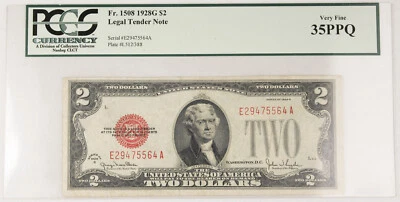 1928 G $2 Legal Tender Note Red Seal Fr# 1508 PCGS VF35 PPQ Very Fine - Image 1 of 2