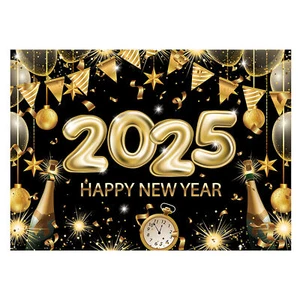 Happy New Year Banner 2025 6.88 X 4.92ft Black Gold New Years Eve Banner - Picture 1 of 6