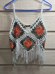 Festival Crochet Fringe Boho Beachy Hippie Sheer Women’s Tank Top Sz L - Picture 1 of 9