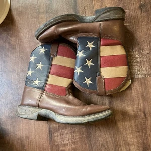 Durango BT245 Leder amerikanische Flagge 8" eckige Zehenpartie Westernstiefel Jungen Größe 6M Schmutz - Bild 1 von 16