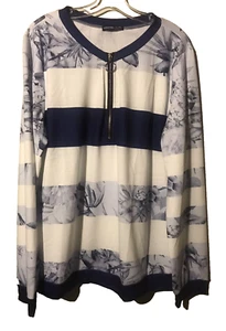 NORACORA XXL 2X blau weiß leichte Strick Tunika Oberteil L/S gebänderter Saum & Ärmel - Bild 1 von 7