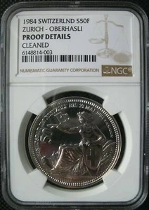 Switzerland 50 Francs 1984 Silver Proof Coin Zurich Oberhasli NGC PROOF DETAILS - Picture 1 of 4