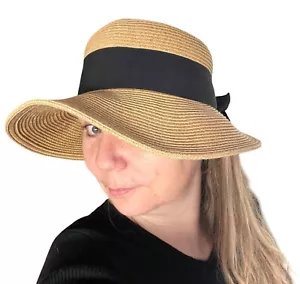Sombrero de sol estilo vintage Scala con lazo de cinta negra hecho a mano pajita de papel para mujer uno - Imagen 1 de 20