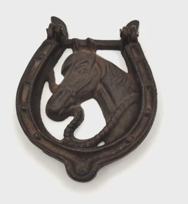 Llamador de puerta de hierro fundido occidental herradura cabeza de caballo decoración del hogar granero vaquero Foto 1 de 4