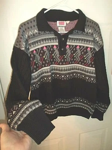 Vtg EIR Sports Ski Sweater 3-Button Collar CableKnit  L Acrylic/Wool Black/Gray - Picture 1 of 4