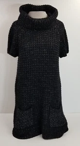 Dressbarn Wms L Loose Knit Short Sleeve Cowl Neck Tunic Sweater Black Silver - Picture 1 of 20