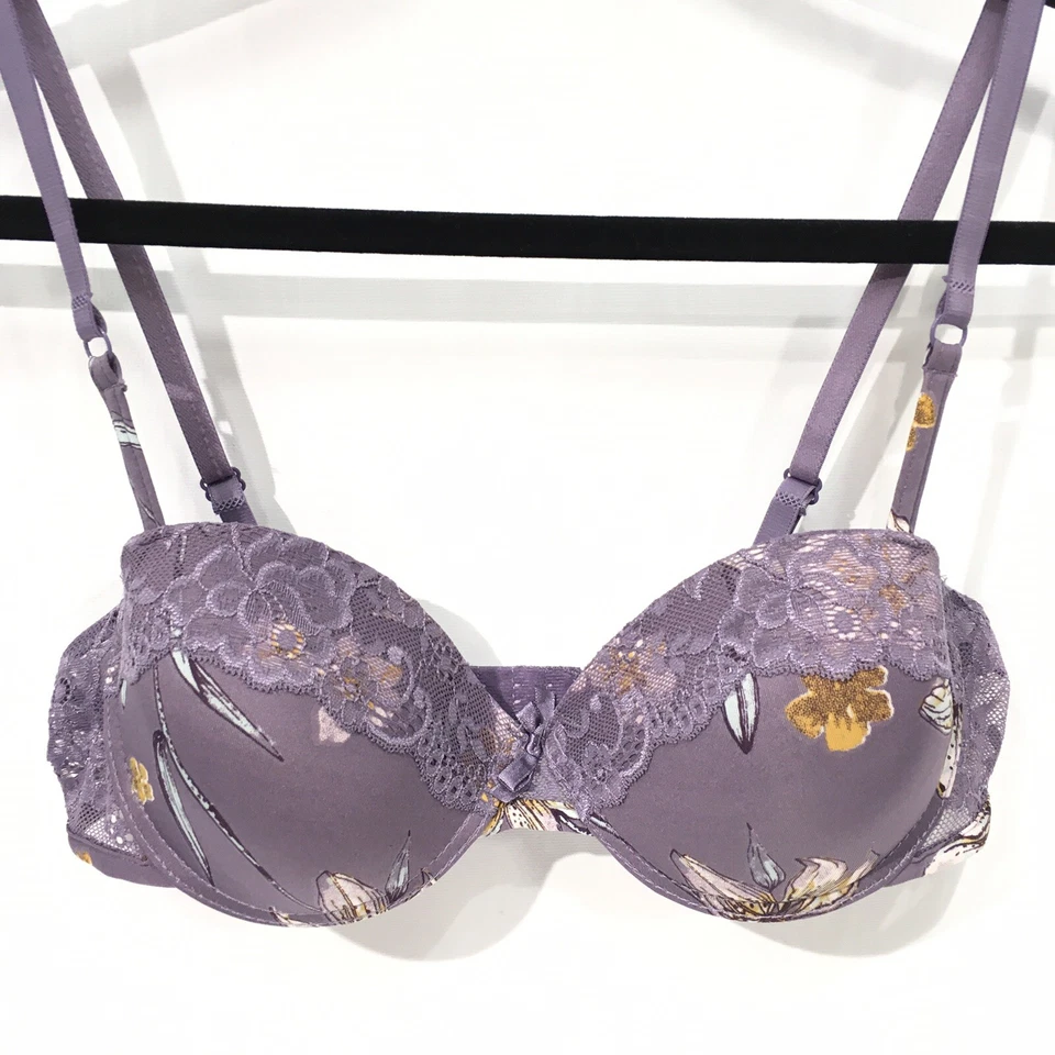 Sujetador Jaclyn Smith 34C púrpura estampado floral con aros push up encaje ribete mujer Foto 1 de 4