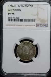 1766 FH German States 5 Kreuzer Augsburg, NGC VF 20, KM 186 - Picture 1 of 3