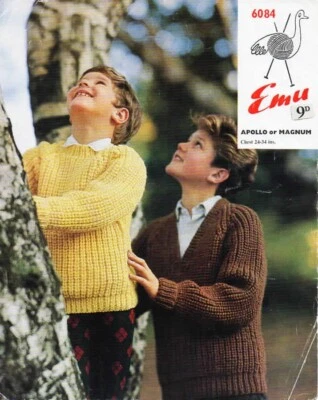 Girls Boys Knitting Pattern copy V-neck or Round-neck Sweaters  8 ply or Magnum - image 1 of 2