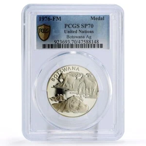 Botswana United Nations UN Elephant Zebras Hippopotamus SP70 PCGS Ag medal 1976 - Picture 1 of 2