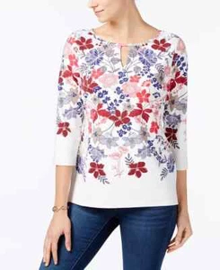 Charter Club Floral Print Keyhole Top Women's L Cloud Combo 3/4 Sleeve Pullover - Picture 1 of 16