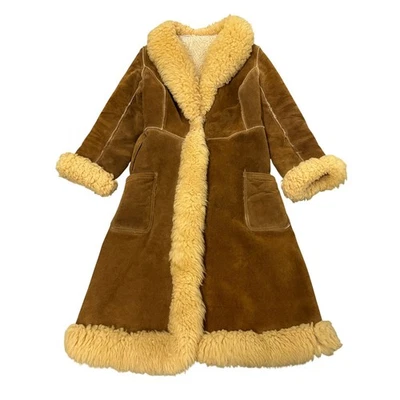 Abrigo Penny Lane vintage años 80 gamuza ribete piel marrón con cinturón Foto 1 de 4