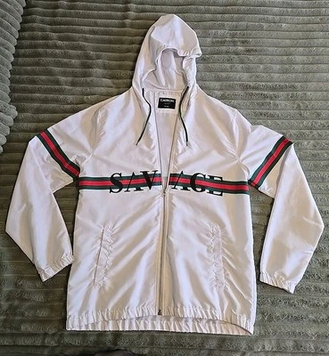 Chaqueta cortavientos grande Savage para hombre con capucha de carbono Mfg Co blanca con cremallera Foto 1 de 4