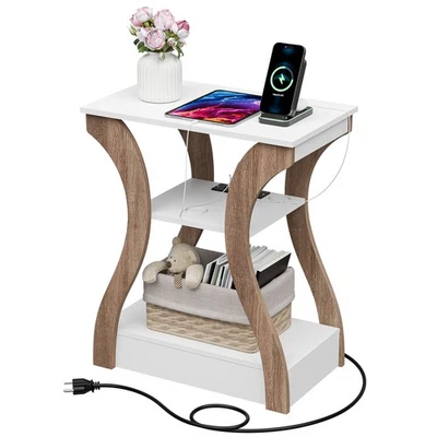 End Table with Charger Station 3-Tier Storage Shelves for Small Spaces White - Image 1 of 4