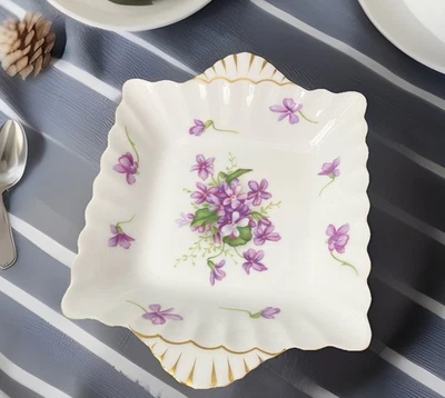 Rare ROSSETTI Spring Violets Candy Bon Bon Dish Scalloped Handles Occupied Japan - Image 1 of 4