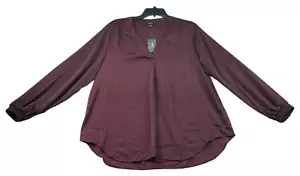 Alfani Blouse Womens Plus Size 0X Burgundy Satin Long Sleeve Vneck New - Picture 1 of 7