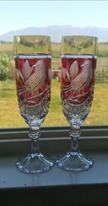Nachtmann Cranberry Schnitt Vogel Champagner Flöte Kristall 2er Set - Bild 1 von 12