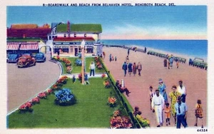 Rehoboth Beach Delaware Boardwalk and Beach from Belhaven Hotel Postcard - Picture 1 of 2